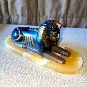 Vintage 1970’s Egyptian Brass and Onyx Sphinx Figure/decor/paperweight